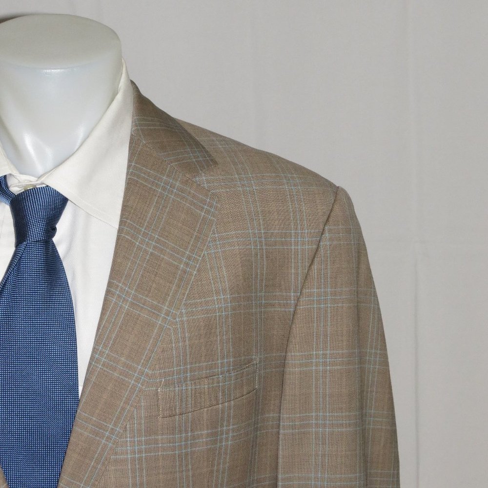Roger Mischel Biella Fabric Custom Tan Plaid Two Button Sport Coat 44L
